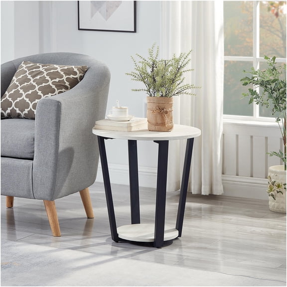 JERFIT Modern Round End Table with Lower Shelf, Off-White Small Accent Table for Living Room, Bedroom