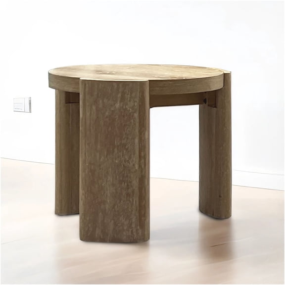 JERFIT Modern Round End Table with Plinth Base, Solid Rubberwood Construction in Warm Oak Finish for Living Room, Bedroom