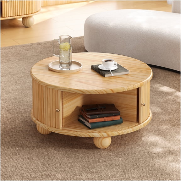 JERFIT Modern Round Fluted Coffee Table with Hidden Storage, Solid Pine Wood, Sliding Door, Natural Finish, Compact Accent Table for Living Room