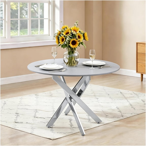 JERFIT Modern Round Granite Top Dining Table with Metal Frame, Silver Kitchen Cafe Office Desk for Small Space, Living Room Conference Party Table
