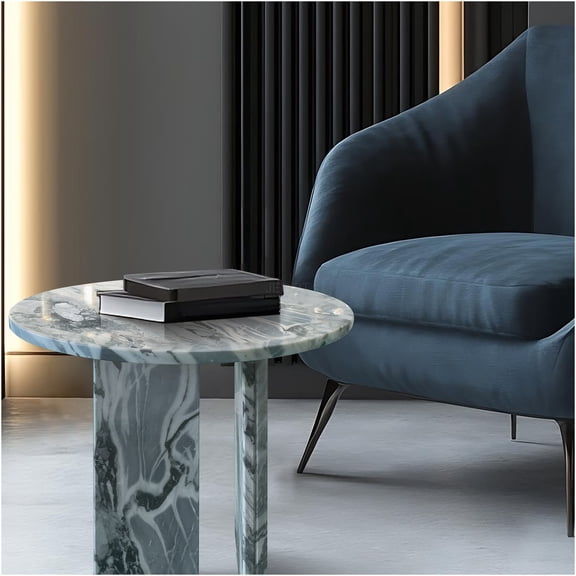 JERFIT Modern Round Marble Coffee Table with Metal Base, Blue Grey Natural Stone Accent Table for Living Room, 17.7 Inch Diameter