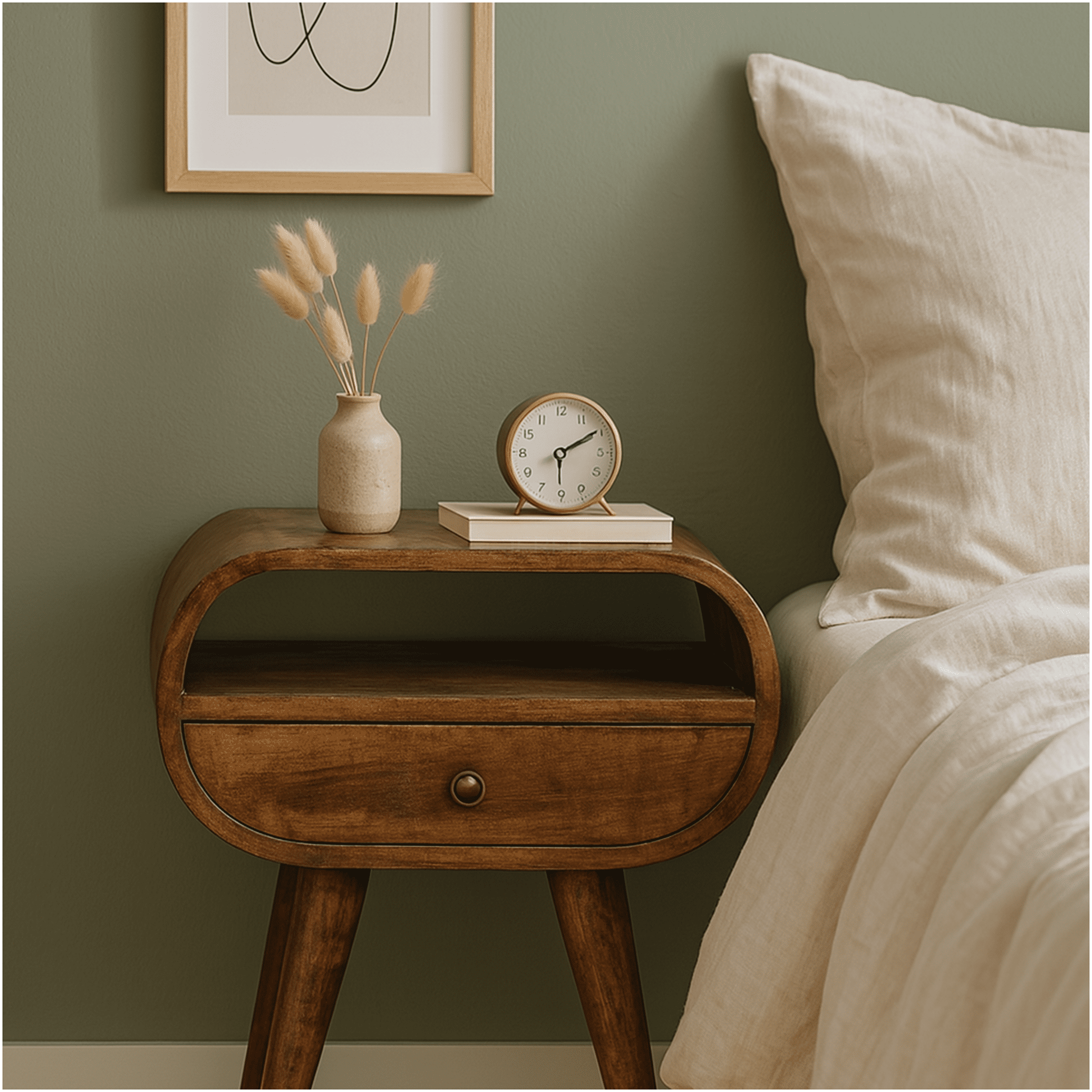 JERFIT Modern Round Nightstand with Drawer, Solid Wood Bedside Table ...