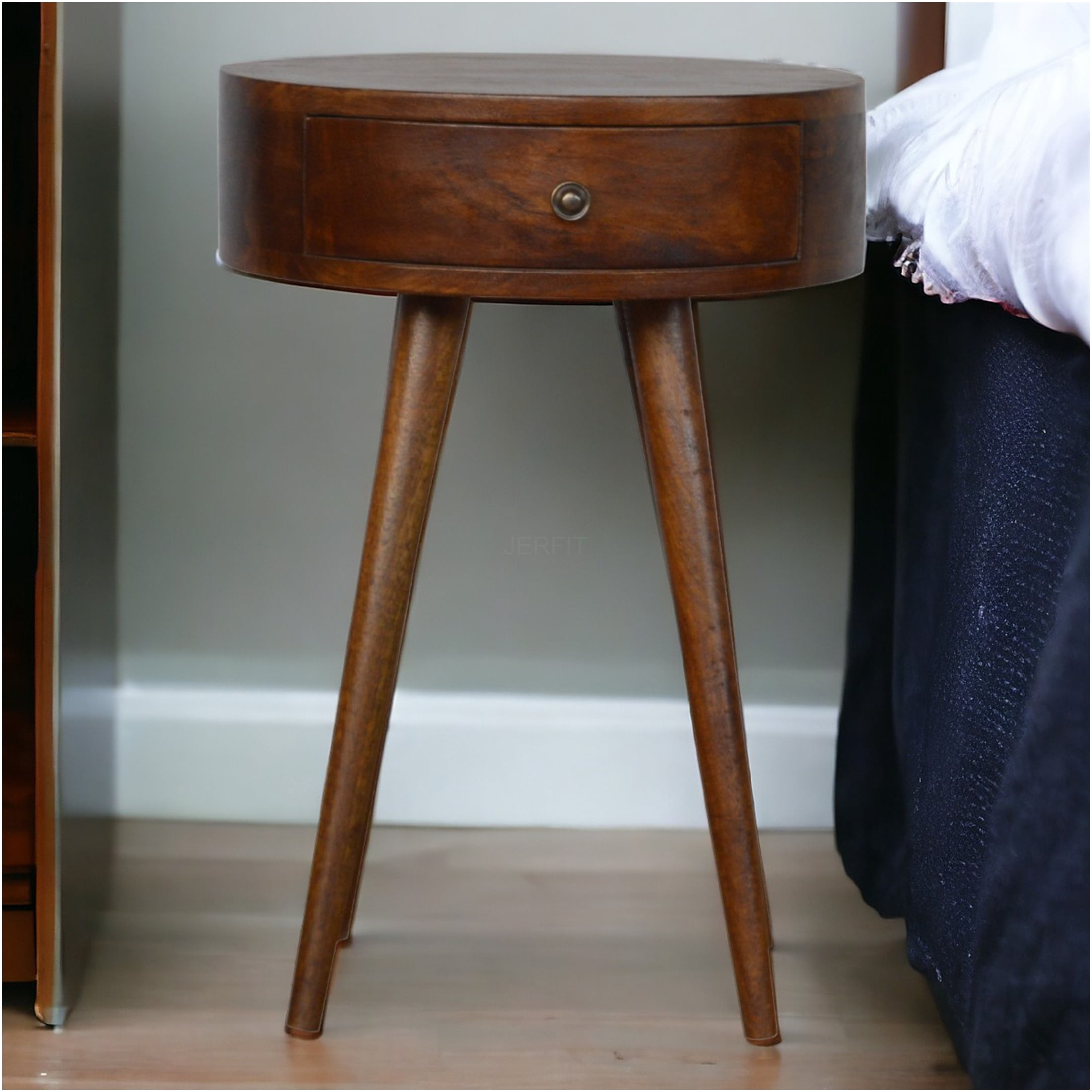 JERFIT Modern Round Nightstand with Drawer, Solid Wood Bedside Table ...