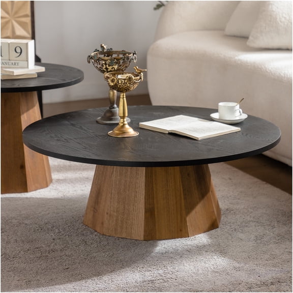 JERFIT Modern Round Pedestal Coffee Table for Living Room, Wood Grain & Black Accent Sofa Table with Tree Design, Easy Assembly
