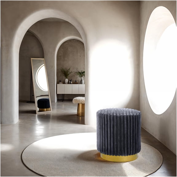JERFIT Modern Round Tufted Accent Stool with Gold Base, Plush Faux Fur Upholstery for Living Room, Bedroom, Office