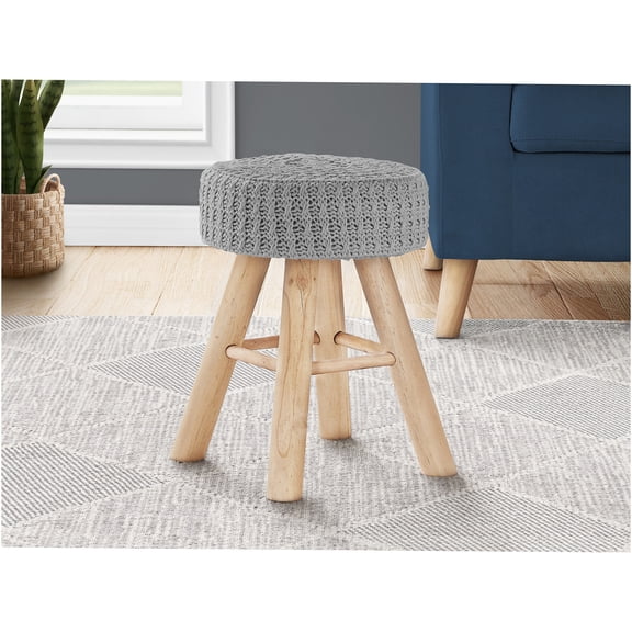 JERFIT Modern Round Velvet Ottoman Pouf Footrest with Wood Legs, Grey Accent Stool for Living Room, Bedroom