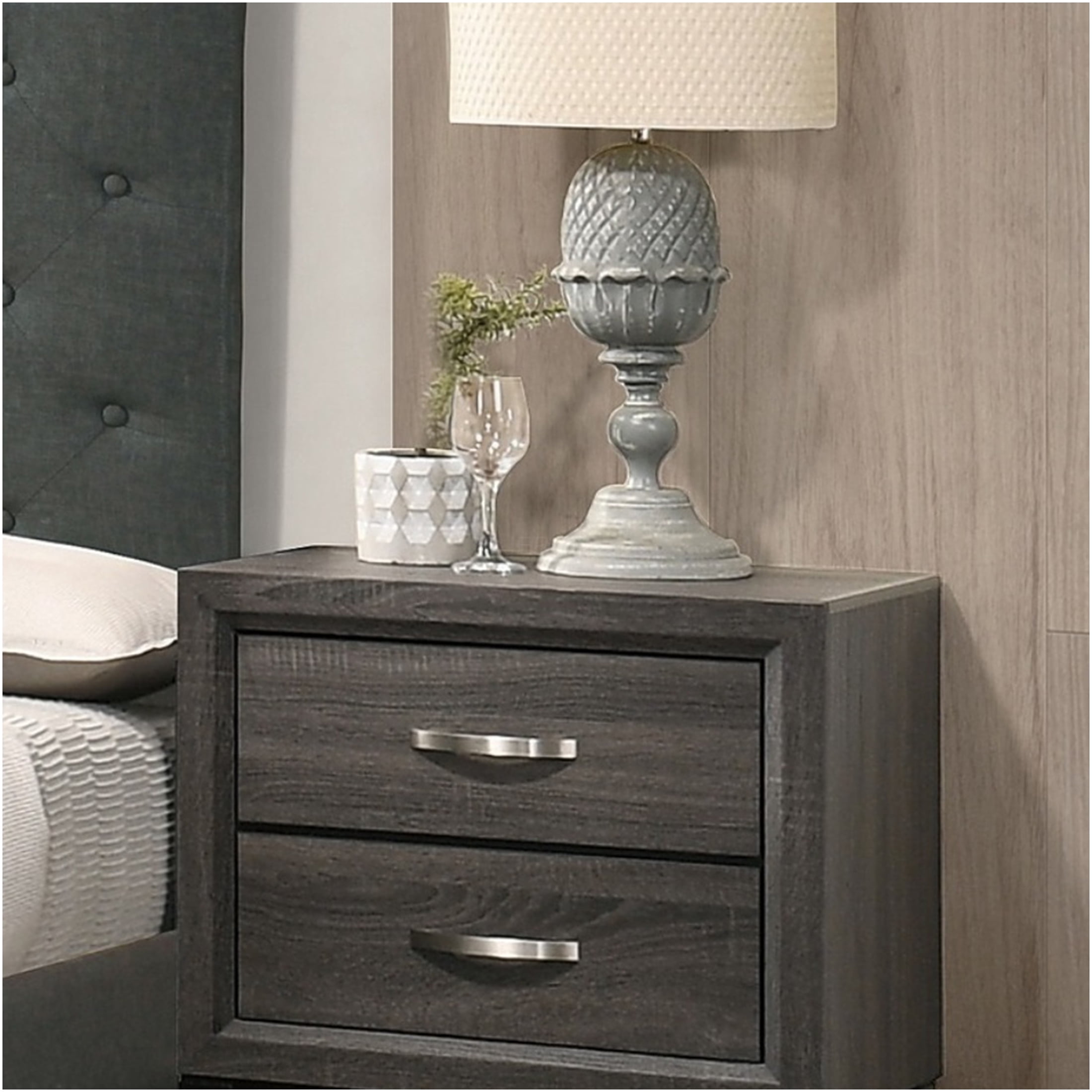JERFIT Modern Rustic Gray Nightstand with 2 Drawers, Solid Wood Bedside ...