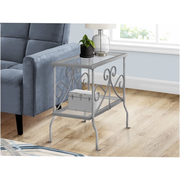 JERFIT Modern Scroll Accent Table with Clear Glass Top, Silver Metal End Table Nightstand for Living Room, Bedroom or Entryway