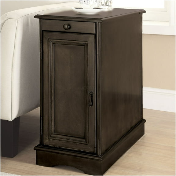 JERFIT Modern Side Table with Charging Station, USB Ports, Pull-Out Cup Holder & Storage Cabinet, Solid Wood End Table for Living Room, Bedroom, Gray