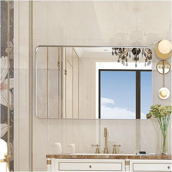 JERFIT Modern Silver Bathroom Mirror with Aluminum Frame, Rounded Corner Rectangular Wall Mounted Vanity Mirror for Home Decor, Horizontal or Vertical Hanging