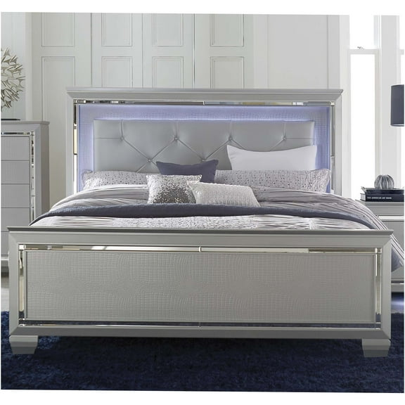 JERFIT Modern Silver LED Queen Bed Frame with Upholstered Tufted Headboard and Alligator Embossed Panels