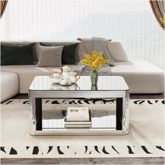 JERFIT Modern Silver Mirrored Coffee Table with Curved Glass Top, Rectangular Sofa Table for Living Room, Luxurious Center Table with Beveled Glass