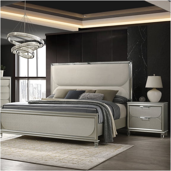 JERFIT Modern Silver Upholstered Queen Bed Set with LED Headboard, 2 Nightstands, Embossed Panels for Glam Bedroom