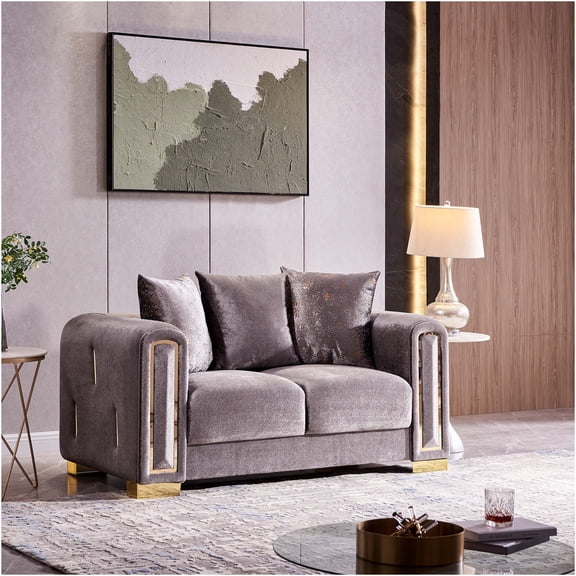 JERFIT Modern Silver Velvet Loveseat Sofa with Gold Trim for Living Room, Upholstered Small Couch