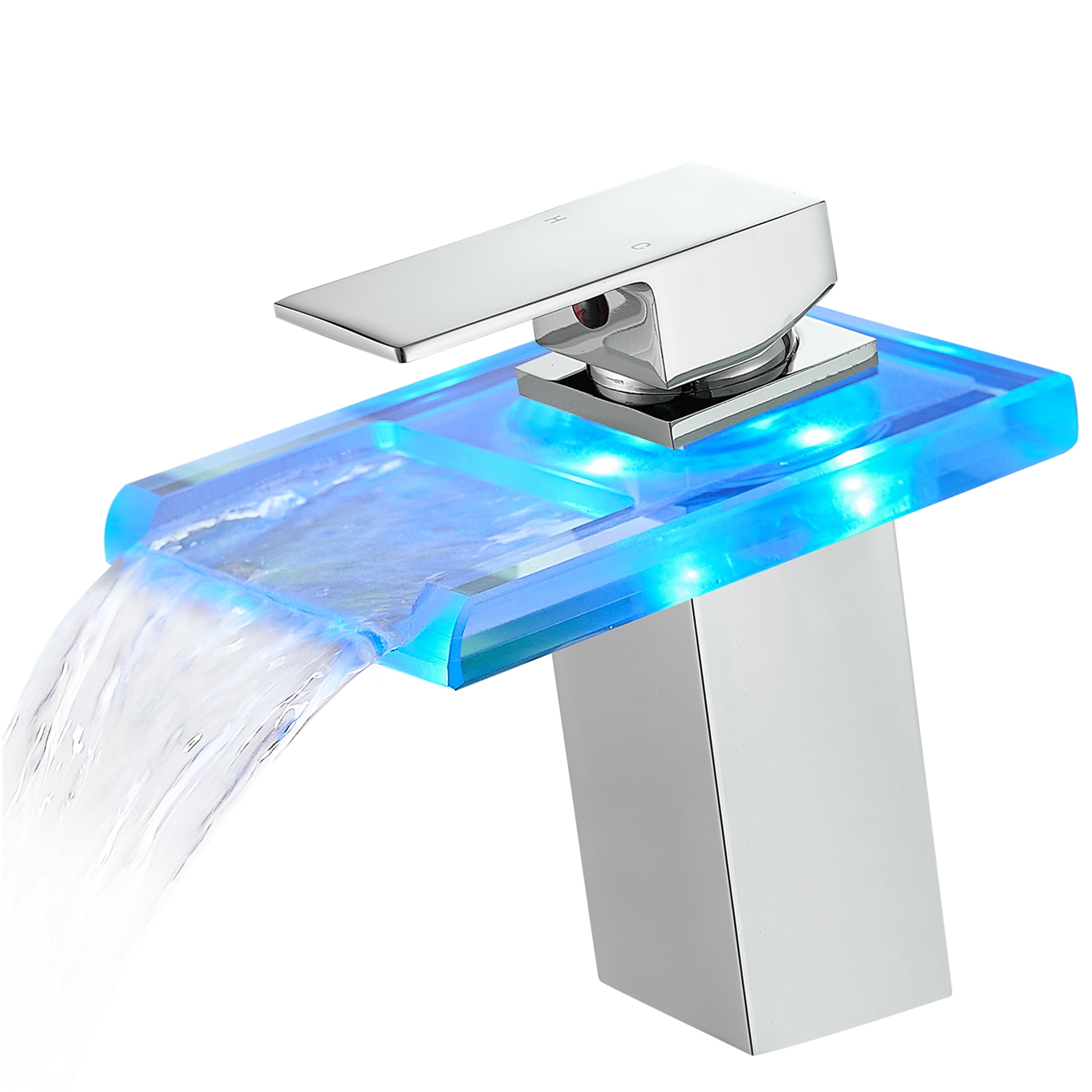 JERFIT Modern Single Hole LED Waterfall Bathroom Sink Faucet, Temperature Sensing Color Changing Light, Deck Mount Brass Vanity Faucet in Chrome