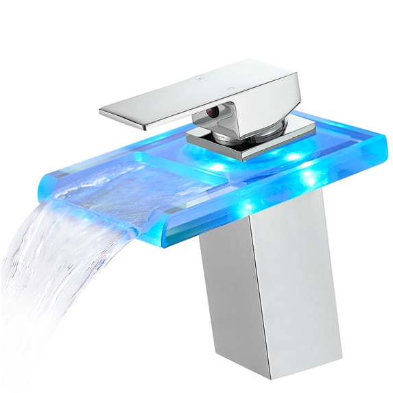 JERFIT Modern Single Hole LED Waterfall Bathroom Sink Faucet, Temperature Sensing Color Changing Light, Deck Mount Brass Vanity Faucet in Chrome