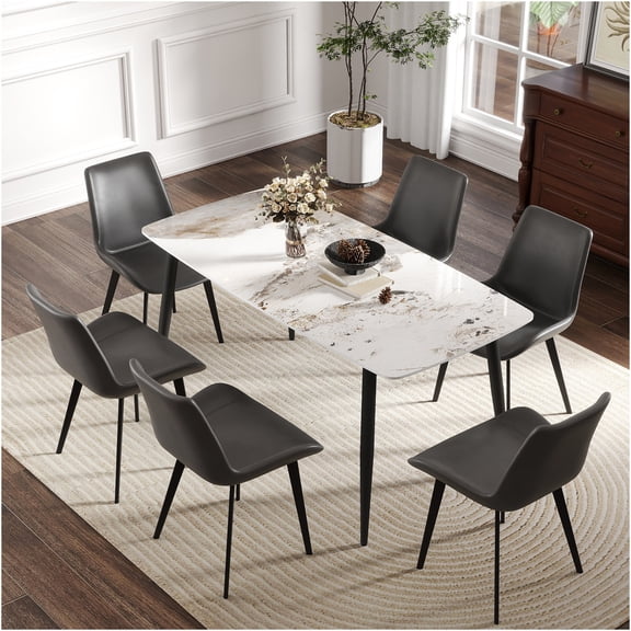 JERFIT Modern Sintered Stone Dining Table for 6 with Curved Edge and Metal Legs, White Rectangular Kitchen Table, Waterproof Heatproof Scratch Resistant