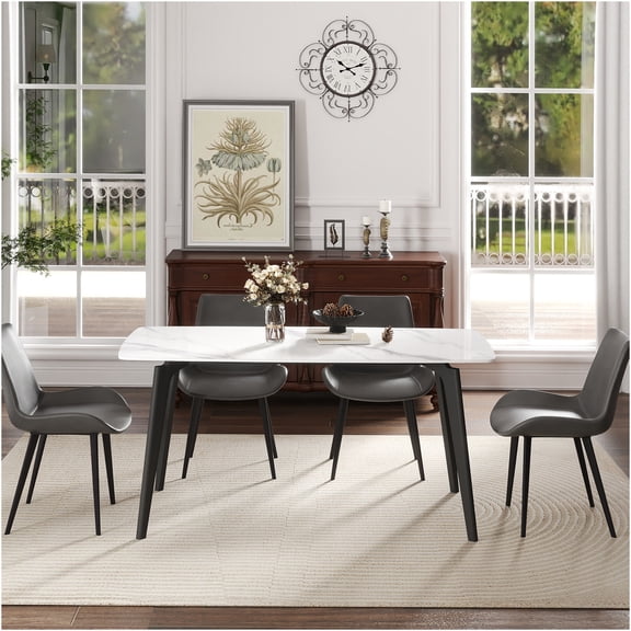 JERFIT Modern Sintered Stone Dining Table for 6 with Curved Edge and Metal Legs, White and Black Kitchen Table