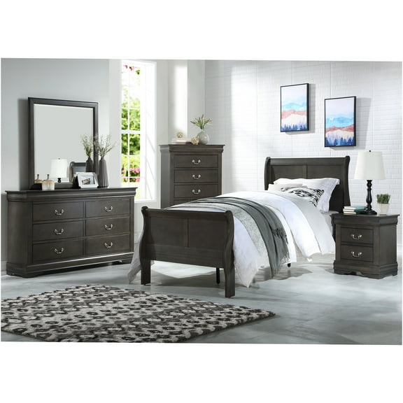 JERFIT Modern Sleigh Bedroom Set with Nightstand, Dark Gray 2-Piece Bed Frame and Furniture Set for Bedroom, Eastern King Size