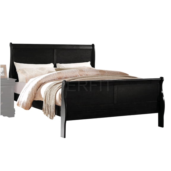 JERFIT Modern Sleigh Platform Bed Frame, Eastern King, Black Wood Look with Upholstered Headboard, Low Profile Footboard Sturdy Slat Support