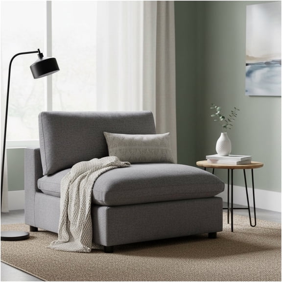 JERFIT Modern Slipper Chair Armless, Charcoal Grey Upholstered Accent Chair with Removable Cushion and Solid Wood Legs for Living Room, Bedroom