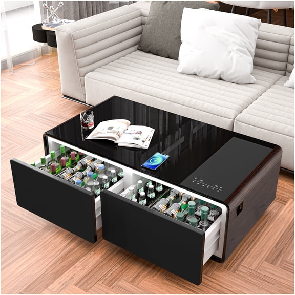 JERFIT Modern Smart Coffee Table with Fridge, Bluetooth Speaker, Wireless Charging, RGB Lights, Power Outlets for Living Room