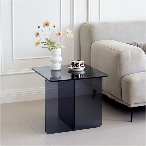 JERFIT Modern Smoke Grey Glass End Table, Tempered Nightstand for Living Room, Small Sofa Side Table with Rounded Corners