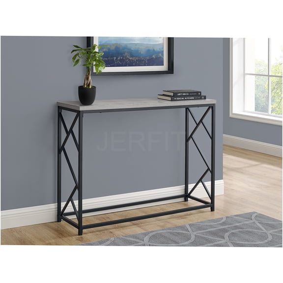JERFIT Modern Sofa Console Table with Metal X-Legs, Narrow Entryway Accent Table for Living Room, Bedroom, Hallway in Grey Laminate and Black