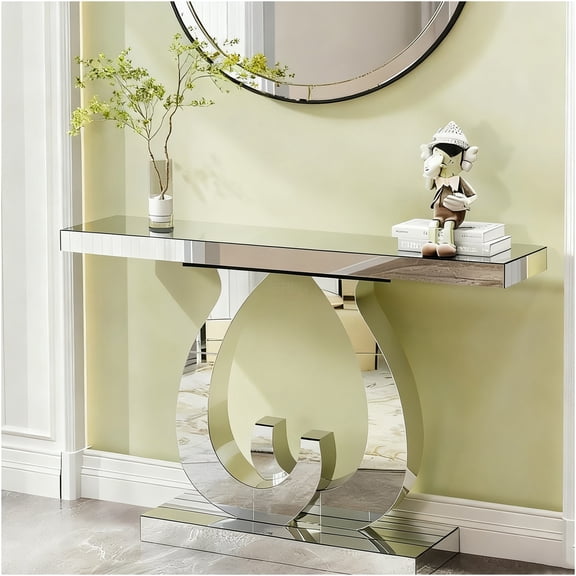 JERFIT Modern Sofa Side Table with Mirror Top, Silver Glass Accent Table for Living Room Entryway Hallway Bedroom Decor