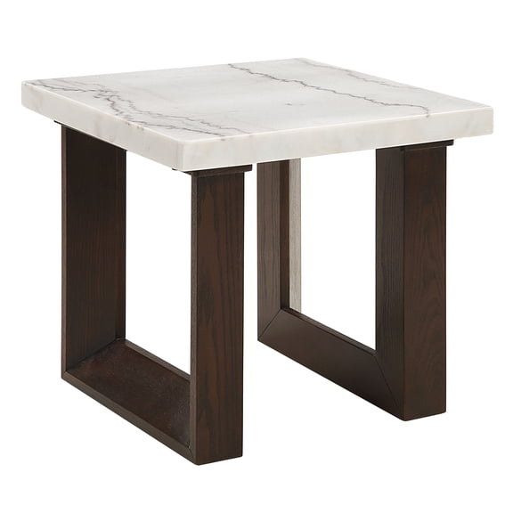 JERFIT Modern Sofa Side Table with White Marble Top, Espresso Wood End Table for Living Room, Nightstand with Sturdy U-Shape Base