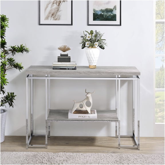 JERFIT Modern Sofa Table with Shelf, Industrial Console Table for Living Room, Grey and Silver Oak Wood & Metal Couch Table, Narrow Hallway Entryway Table
