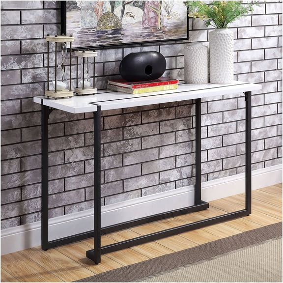 JERFIT Modern Sofa Table with Extended Metal Legs, High Gloss Lacquer Top, Two-Tone White and Gunmetal Finish, Console Table for Living Room