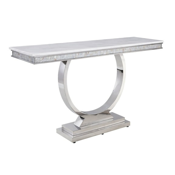 JERFIT Modern Sofa Table with Faux Marble Top & Mirrored Base, Slim Console Table for Living Room, Hallway & Entryway