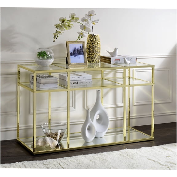 JERFIT Modern Sofa Table with Gold Metal Frame & Clear Glass Top, 2-Tier Console Table for Living Room, Entryway Hallway, 70 lbs Load Capacity