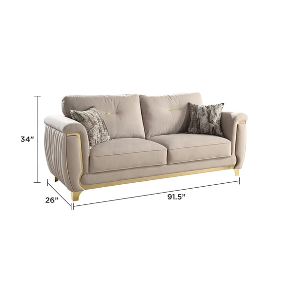JERFIT Modern Sofa with Gold Accents, 3-Seater Beige Upholstered Couch for Living Room, Contemporary Style with Solid Wood Frame