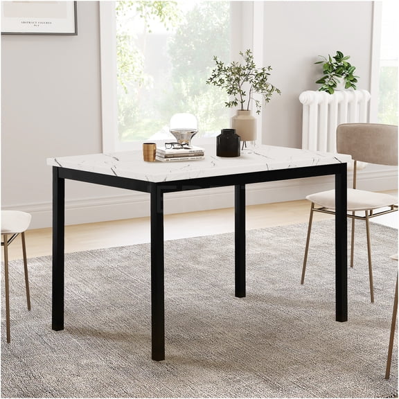 JERFIT Modern Square Dining Table for 4, Off White Faux Marble Top with Black Metal Legs, Kitchen Dining Room Table