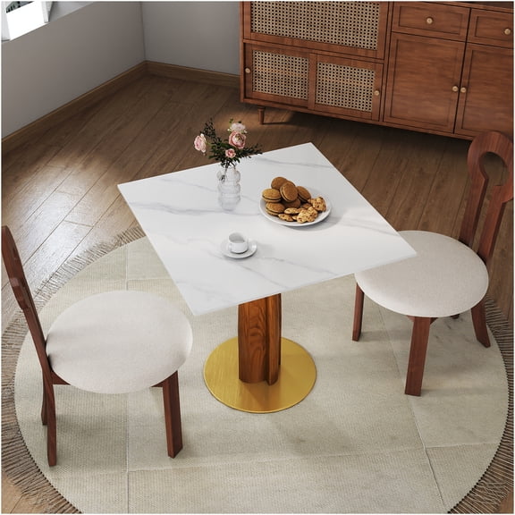 JERFIT Modern Square Dining Table for Small Space, Sintered Stone Top with Gold Base, Kitchen Table for 2, Mid-Century Style, Brown and White