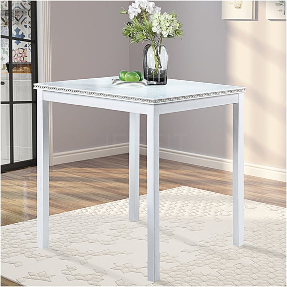 JERFIT Modern Square Dining Table with Crystal Accents, White Kitchen Table for 4, Counter Height Solid Wood Table for Small Space