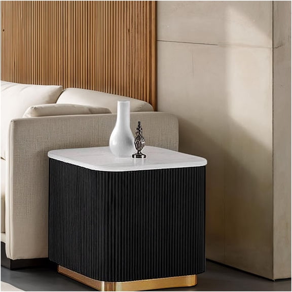 JERFIT Modern Square End Table with Marble Top, Gold Accent Plinth Base for Living Room, Bedroom or Office