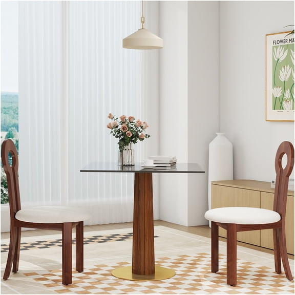 JERFIT Modern Square Glass Top Dining Table with Gold Base for Small Space Kitchen