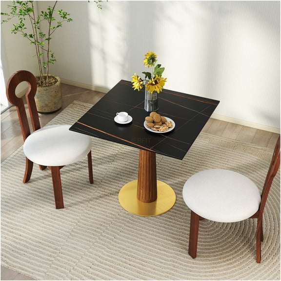 JERFIT Modern Square Sintered Stone Dining Table for Small Spaces, Kitchen Table with Wooden Legs and Gold Base, 2-Person Bistro Table, Black or Brown