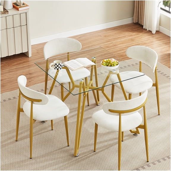 JERFIT Modern Square Tempered Glass Dining Table for Small Spaces, Gold Metal Legs, Kitchen Breakfast Nook, Living Room, Seats 2-4
