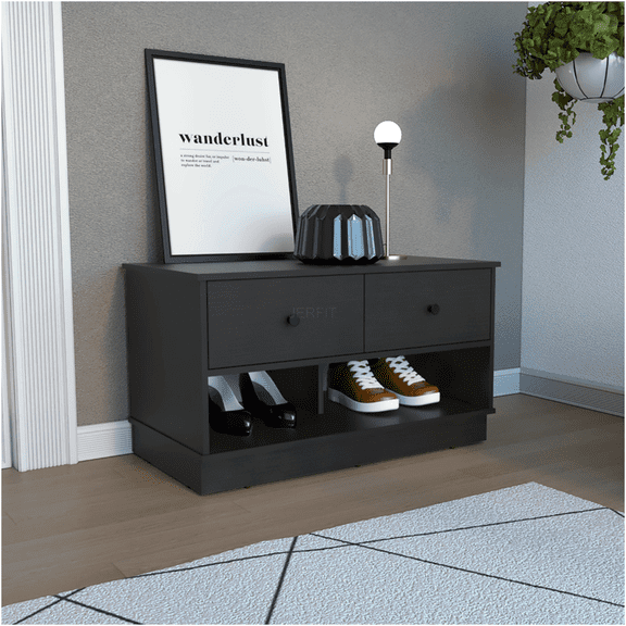 JERFIT Modern Storage Bench with Drawers & Shelves, Black Particle Board Console Table for Entryway, Living Room, Bedroom