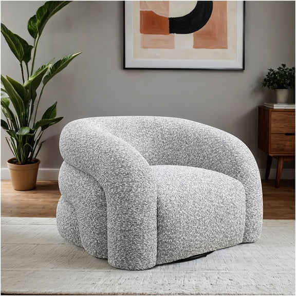 JERFIT Modern Swivel Accent Chair with Curved Channel Back, 360 Rotating Lounge Chair with Plush Tight Seat, High-Density Foam, Gray Boucle Fabric for Living Room, Office