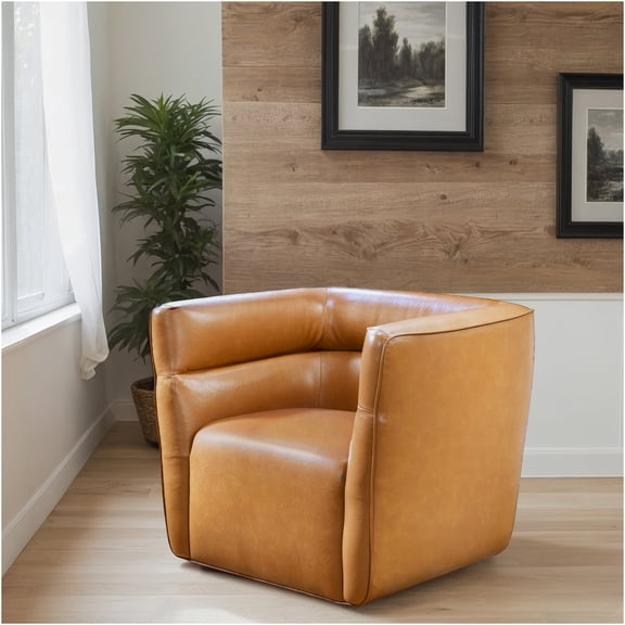 JERFIT Modern Swivel Accent Chair with Rocking Motion, Adjustable Headrest and Thick Cushion, Genuine Leather Upholstery, for Living Room, Office, Tan