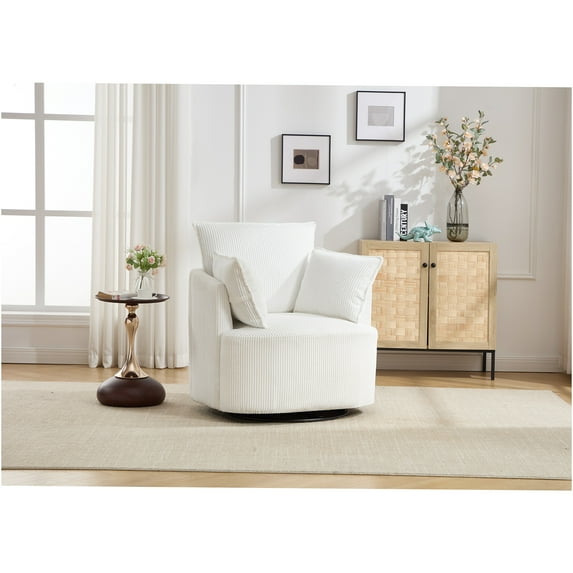 JERFIT Modern Swivel Accent Chair with 360 Degree Rotation, Upholstered Barrel Chair for Living Room, Office, Nursery, White Wood and Metal Frame