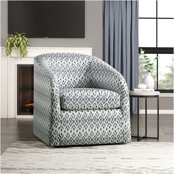 JERFIT Modern Swivel Accent Chair with 360 Rotation, Upholstered in Blue and White Tribal Fabric for Living Room, Office