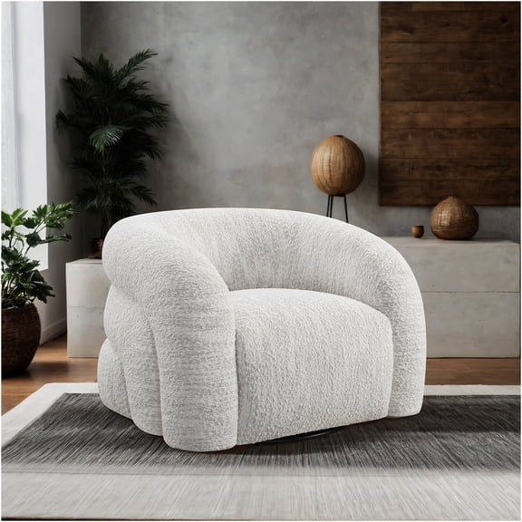 JERFIT Modern Swivel Accent Chair with Curved Back, 360 Rotation, Plush Boucle Fabric, White Upholstered Lounge Chair for Living Room, Bedroom