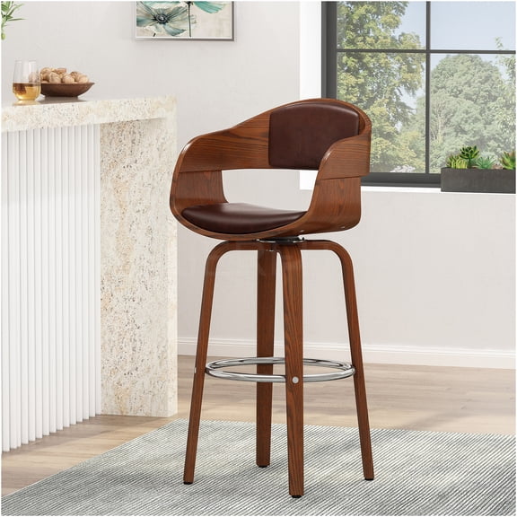 JERFIT Modern Swivel Bar Stool with Back, Faux Leather Upholstered Counter Height Stool, Dark Brown Wood Finish for Kitchen Island, Breakfast Bar, Dining&Living Room