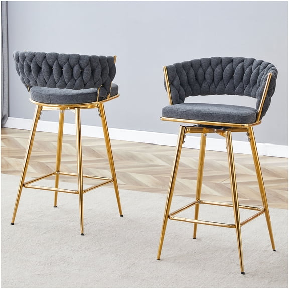 JERFIT Modern Swivel Bar Stool with Cotton Linen Seat and Golden Metal Legs for Kitchen Counter, Dining & Living Room